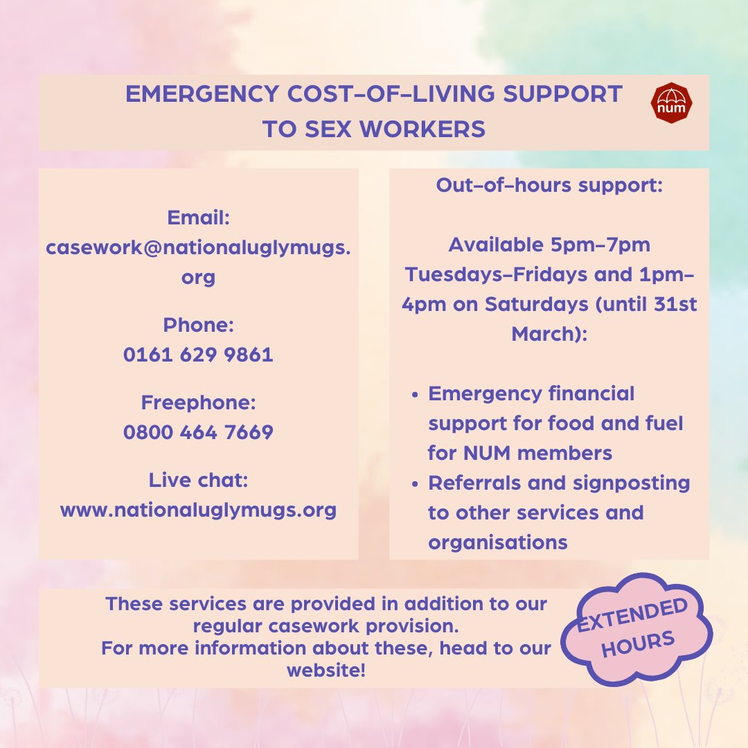 NationalUglyMug's tweet image. ✨Extended hours✨

As of next week, we will be extending our opening hours to provide emergency financial support for sex workers!

Our caseworkers will be available between 5pm-7pm Tuesdays-Fridays and 1pm-4pm Saturdays to provide emergency financial support. 

Find out more🧵: