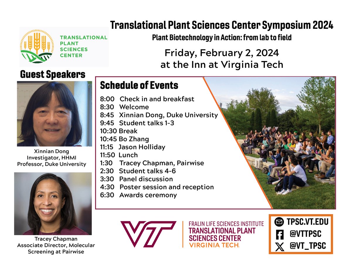 Virginia Tech Translational Plant Sciences Center (@vt_tpsc) on Twitter photo Excited to learn about innovations in plant biotechnology that will feed our future. The <a href="/VT_TPSC/">Virginia Tech Translational Plant Sciences Center</a> 2024 symposium will feature speakers from <a href="/PairwisePL/">Pairwise</a> and <a href="/DukeU/">Duke University</a>, panel discussions, student talks/poster sessions, and more. Excited to learn about innovations in plant biotechnology that will feed our future. The <a href="/VT_TPSC/">Virginia Tech Translational Plant Sciences Center</a> 2024 symposium will feature speakers from <a href="/PairwisePL/">Pairwise</a> and <a href="/DukeU/">Duke University</a>, panel discussions, student talks/poster sessions, and more.