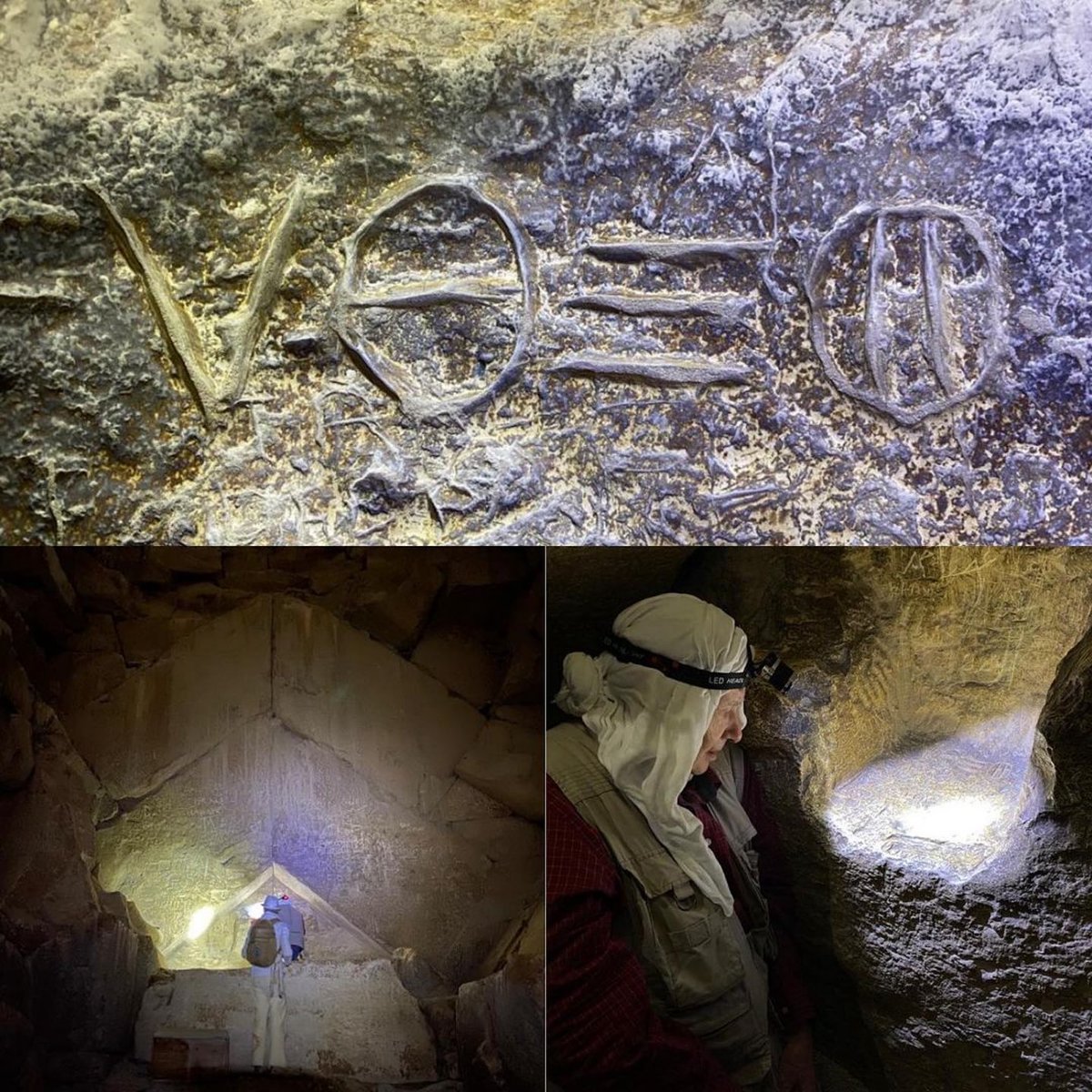 Alan Green (Bard Code) sporting the “DVR”: Pronounced “Devir” directly under the Apis Bull Chevrons over the original entrance to the Great Pyramid in Giza. #DVR #BardCode #AlanGreen #GreatPyramid