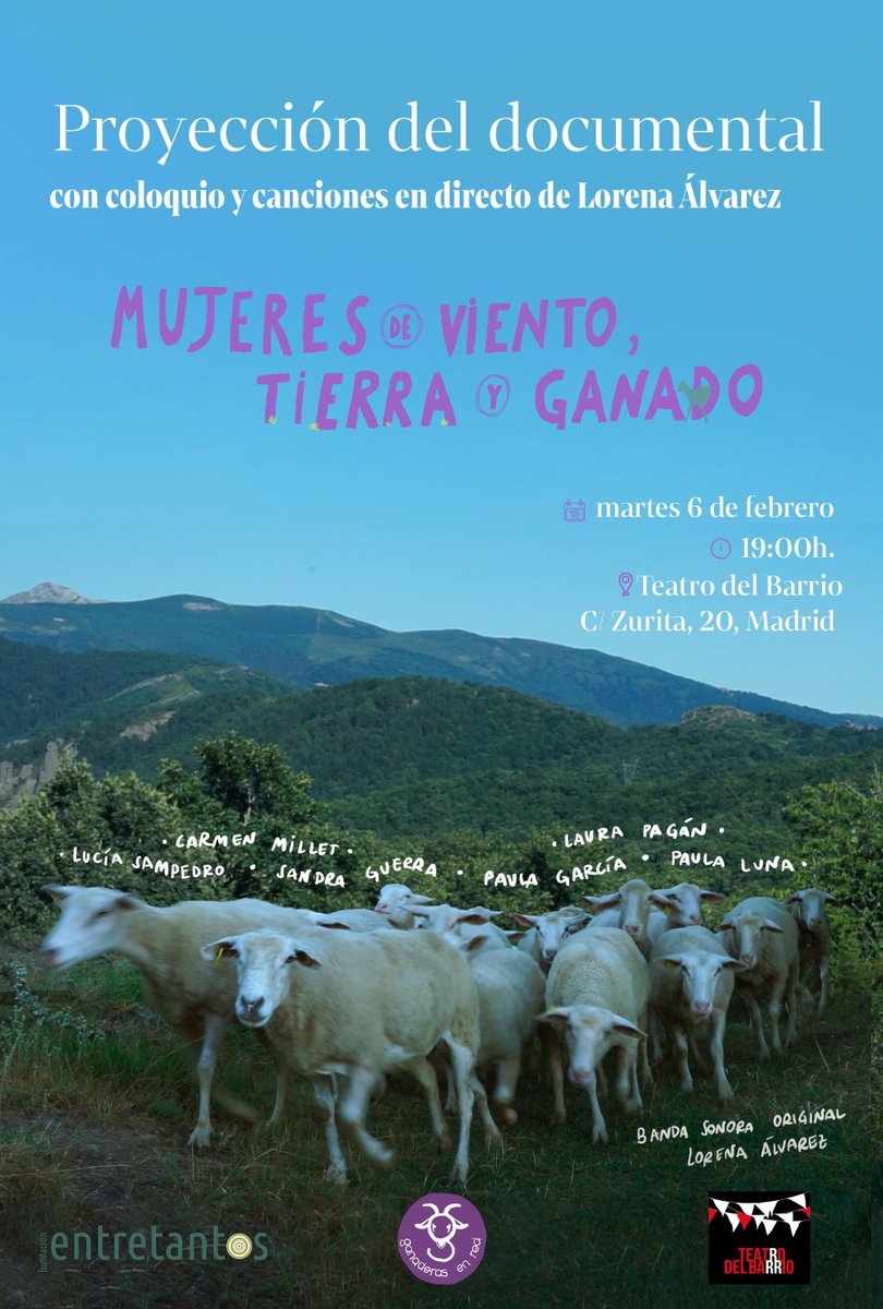 Acercando historias rurales a las ciudades:
🟣Mujeres de viento, tierra y ganado 🟣
Opera prima de <a href="/GanaderasenRed/">GanaderasenRed</a> <a href="/entre_tantos/">Fundación Entretantos</a> 
que puede verse en #Madrid <a href="/teatrobarrio/">Teatro del Barrio</a>  
🐐Entretejido coloquio posterior 
🎬Reserva tu entrada (libre) teatrodelbarrio.com/mujeres-de-vie… #ganaderíaextensiva