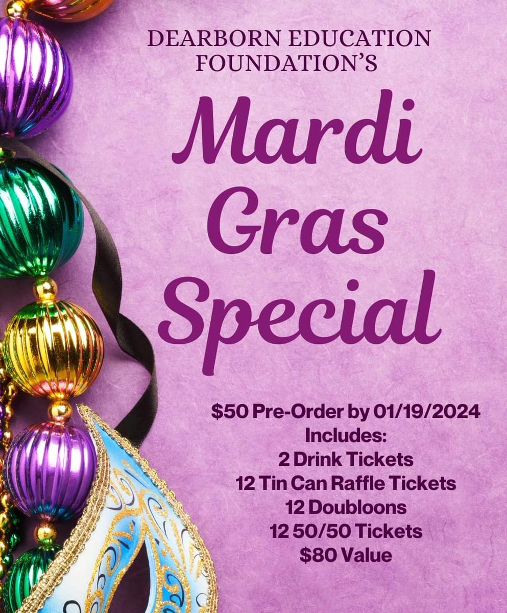 Tomorrow is the last day for this amazing special!  Get that special here:  dearbornedfoundation.org/events/mardi-g…

#MardiGras #partytime