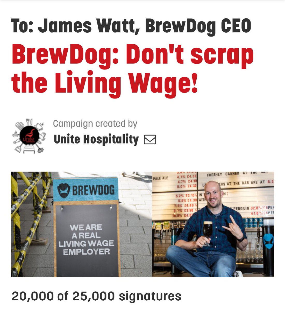 20,000 people have now backed our campaign for the real living wage to be reinstated at @BrewDog If senior management care about the reputation of BD they need to stop blaming other people for their mistakes and start negotiating with the union that represents so many workers.