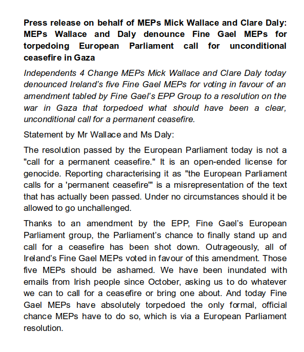 ClareDalyIRL's tweet image. The resolution passed by the European Parliament  today on #Gaza is not a &quot;call for a permanent ceasefire.&quot; It is an open-ended  license for genocide.

Read our press statement on how @EPPGroup and @FineGael have given Israel a green light to keep going:

claredaly.ie/press-release-…