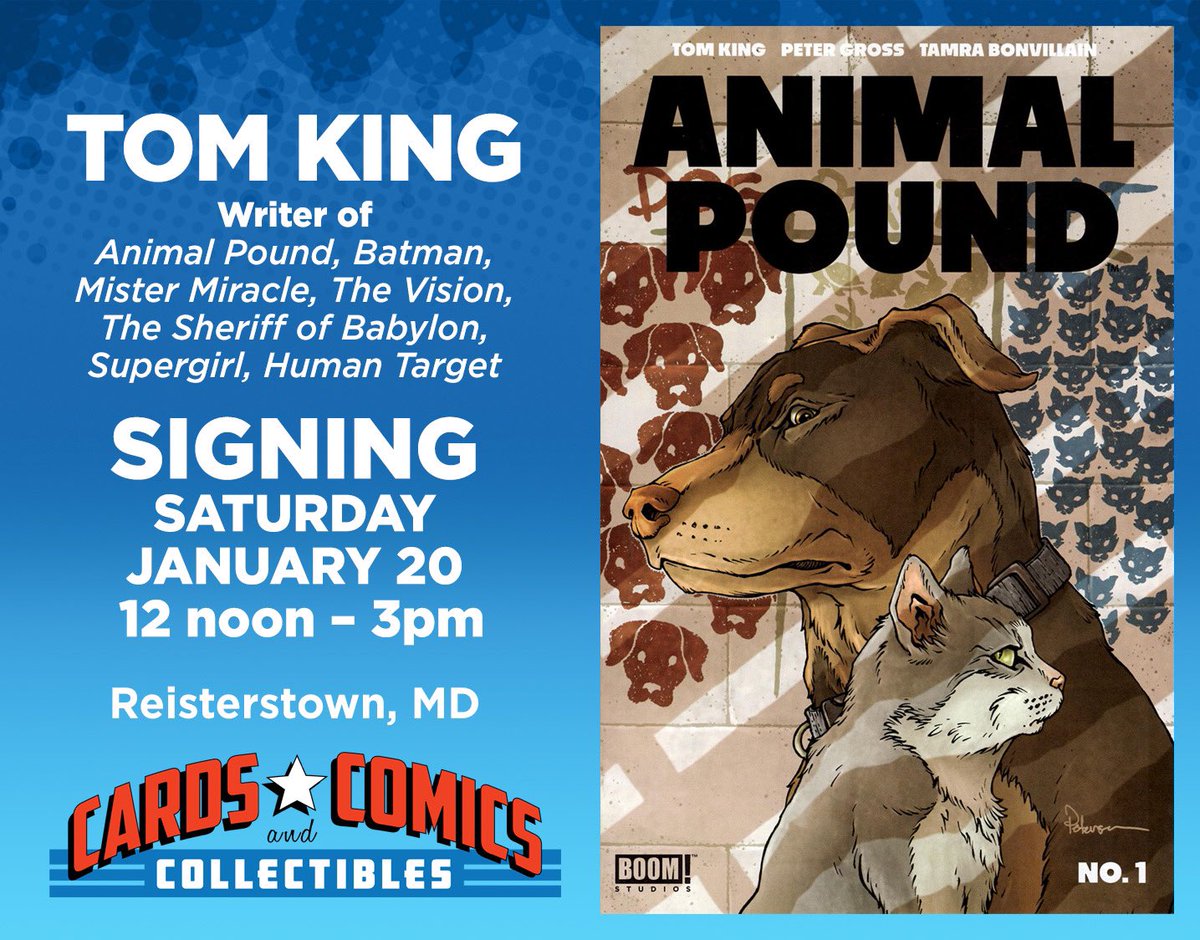 Don’t miss <a href="/TomKingTK/">Tom King</a> K this Saturday from 12-3! We are collecting donations for the <a href="/bmorehumane/">BMORE HUMANE</a> during the signing. Here is a link to their wishlist! bmorehumane.org/donate/wishlist