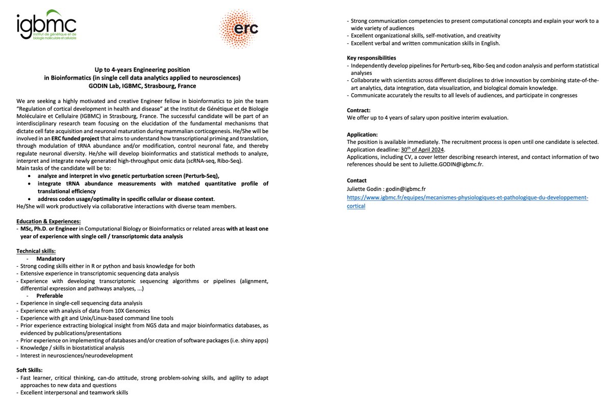 We are hiring ! A up to 4-years Engineering position in Bioinformatics (in single cell data analytics applied to neurosciences) is available in my lab, @IGBMC, Strasbourg, France, please RT.