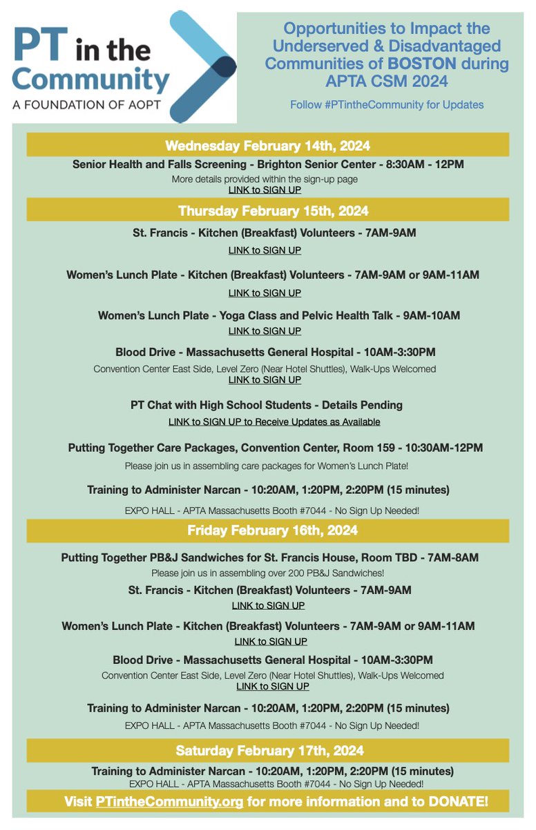 Dr. Berner, PT, DPT, RDN (@thefuelphysio) on Twitter photo #PTintheCommunity is Excited to Launch our Calendar of Events for #APTACSM!! Tons of opportunities to support locals of Boston! 📢📢
Visit PTintheCommunity.org for more details & to access sign up links!
Be sure to follow <a href="/PTintheComm/">PT in the Community</a> for continuous updates! #PTintheCommunity is Excited to Launch our Calendar of Events for #APTACSM!! Tons of opportunities to support locals of Boston! 📢📢
Visit PTintheCommunity.org for more details & to access sign up links!
Be sure to follow <a href="/PTintheComm/">PT in the Community</a> for continuous updates!