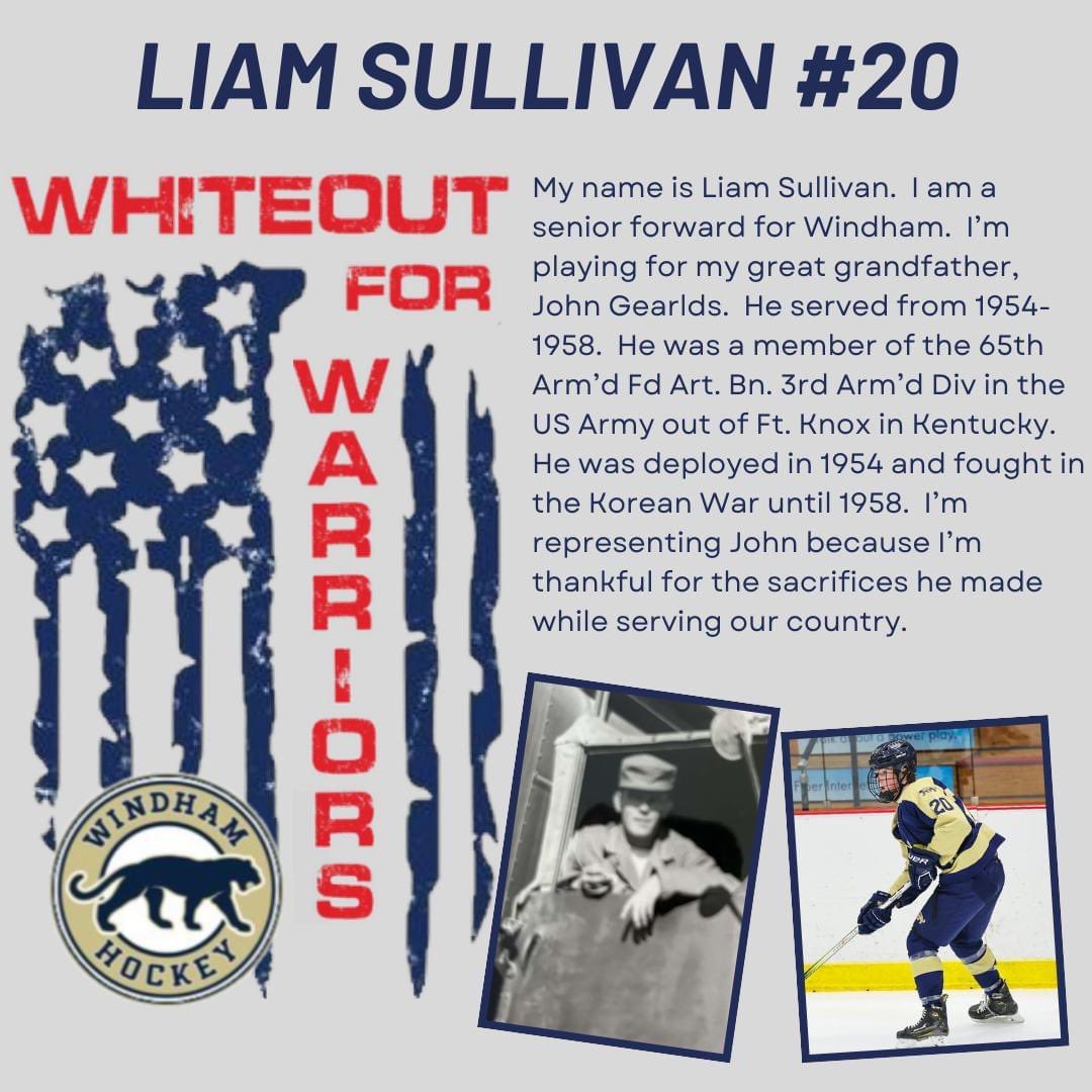 The Whiteout for Warriors game is January 20. All Londonderry and Windham players will wear a customized jersey honoring a veteran of their choice. Today we have Windham senior Liam Sullivan. #highschoolhockey #military #militaryappreciation