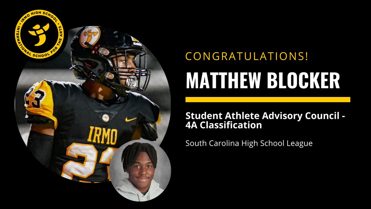 LexRich5Schools's tweet photo. 🎉🐝Congratulations, Matthew! @IrmoHigh student athlete Matthew Blocker has been named to the @SCHSL's Student Athlete Advisory Council! #OurD5Story: https://t.co/OaJyT2ceOO 
#IrmoStrong #SouthCarolina #LexRich5Schools https://t.co/49avtuK6TD