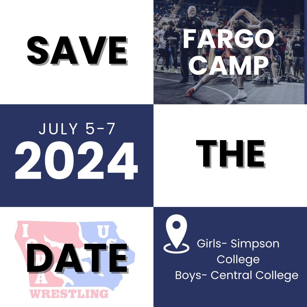 IowaUSAW's tweet photo. 🚨 Fargo Camp Dates 🚨
Save the dates!! Both boys and girls camp dates will be at the same, but at different locations.
#iowausawrestling #freco https://t.co/cCLQgNFMkh