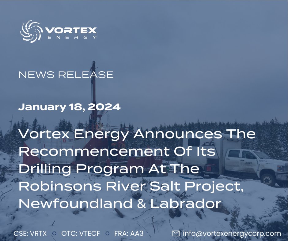 VRTXEnergy's tweet photo. Vortex Energy Announces The Recommencement Of Its Drilling Program At The Robinsons River Salt Project, Newfoundland &amp; Labrador! $VRTX $VTECF #hydrogen #salt #mining 

https://t.co/MVMwypiwiY https://t.co/xjPD6ZP3xJ