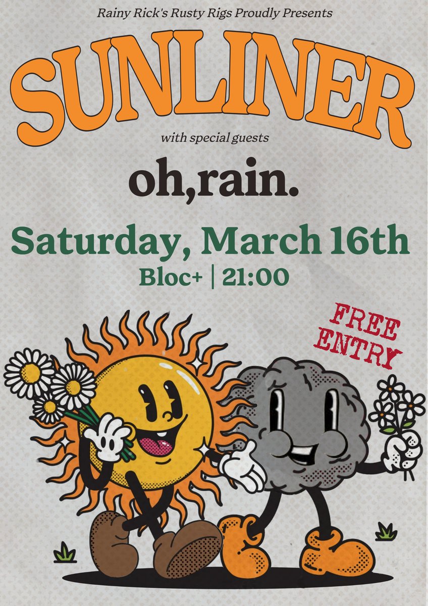ohrainisaband's tweet photo. oh, hello. we're playing two gigs in March this year. first is this ripper with @sunlinerband. a rare saturday show in @blocglasgow too. mark yer calendars! https://t.co/fwKrNHLCot