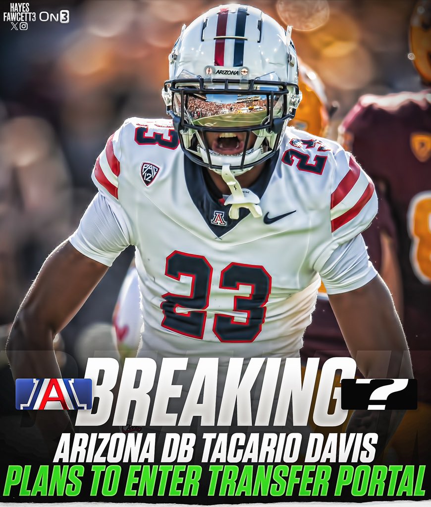 BREAKING: Arizona DB Tacario Davis plans to enter the Transfer Portal, he tells @on3sports The 6’3 15 190 played in all 13 games for the Wildcats this season. Led the PAC-12 in 2023 with 15 PBUs & 16 passes defended Will have 2 years of eligibility remaining