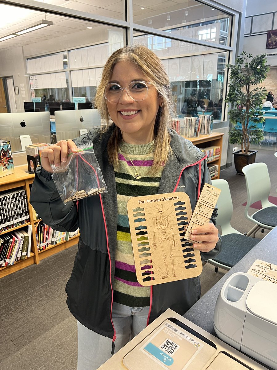 Our library ambassadors laser cut this skeleton manipulative for our heath science teacher, Ms. Prado. A great addition to her station rotation blended learning environment. #hcisdlibraries #glowforgeEDU #BlendedLearning