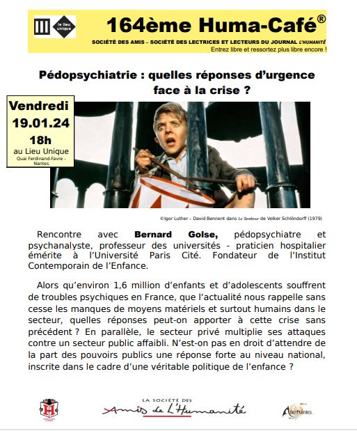 OrvaultPcf's tweet photo. 📢Vous êtes intéressés par le sujet de la #pédopsychiatrie?
Rdv à #Nantes, ce vendredi 1⃣9⃣ janvier, à 18h, au #LieuUnique, pour une rencontre avec Bernard GOISE (pédopsychiatre) dans le cadre du 164ème Huma-Café⤵️
"Pédopsychiatrie➡️quelles réponses d'urgence face à la crise?" https://t.co/s0Z96G29OK