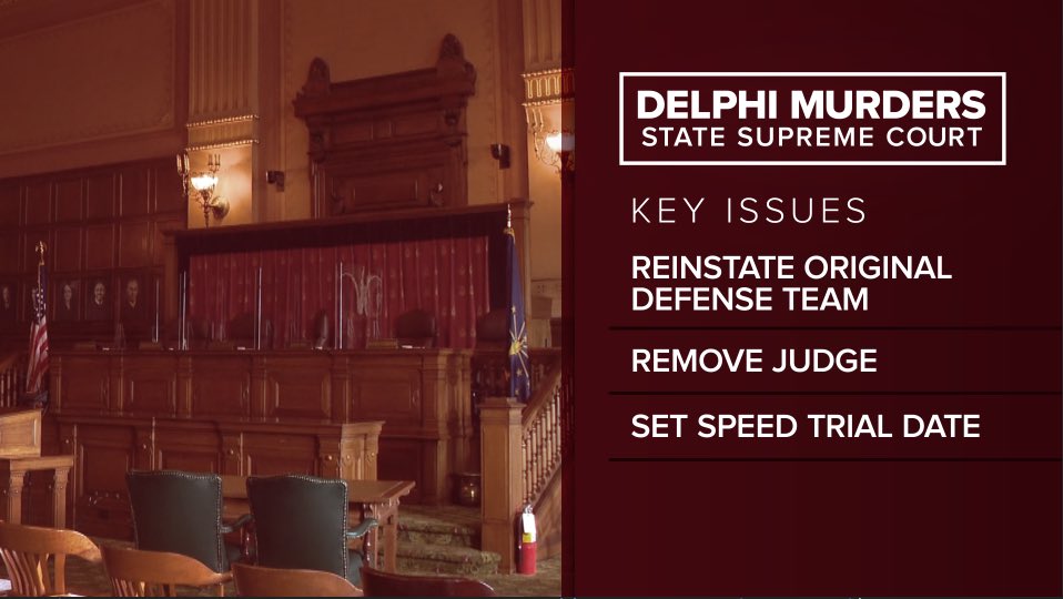 Here are the 3 key issues at #IndianaSupremeCourt today related to the #DelphiMurders case. Suspect Richard Allen filed new case w/the Supreme Court asking his 1st attorneys be reinstated, that Judge Gull be removed & a new judge appointed, & trial date set in 70 days. #wthr