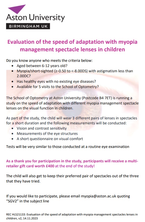 📢We are recruiting children 6-12 years old for a new #myopia study <a href="/AstonOptometry/">Aston Optometry</a> <a href="/AstonUniversity/">Aston University</a> ⬇️
Participants receive a £400 gift card at the end of the study, and children can also keep their preferred spectacles!
Interested? 🤔
DM/ email "SGV2" to myopia@aston.ac.uk