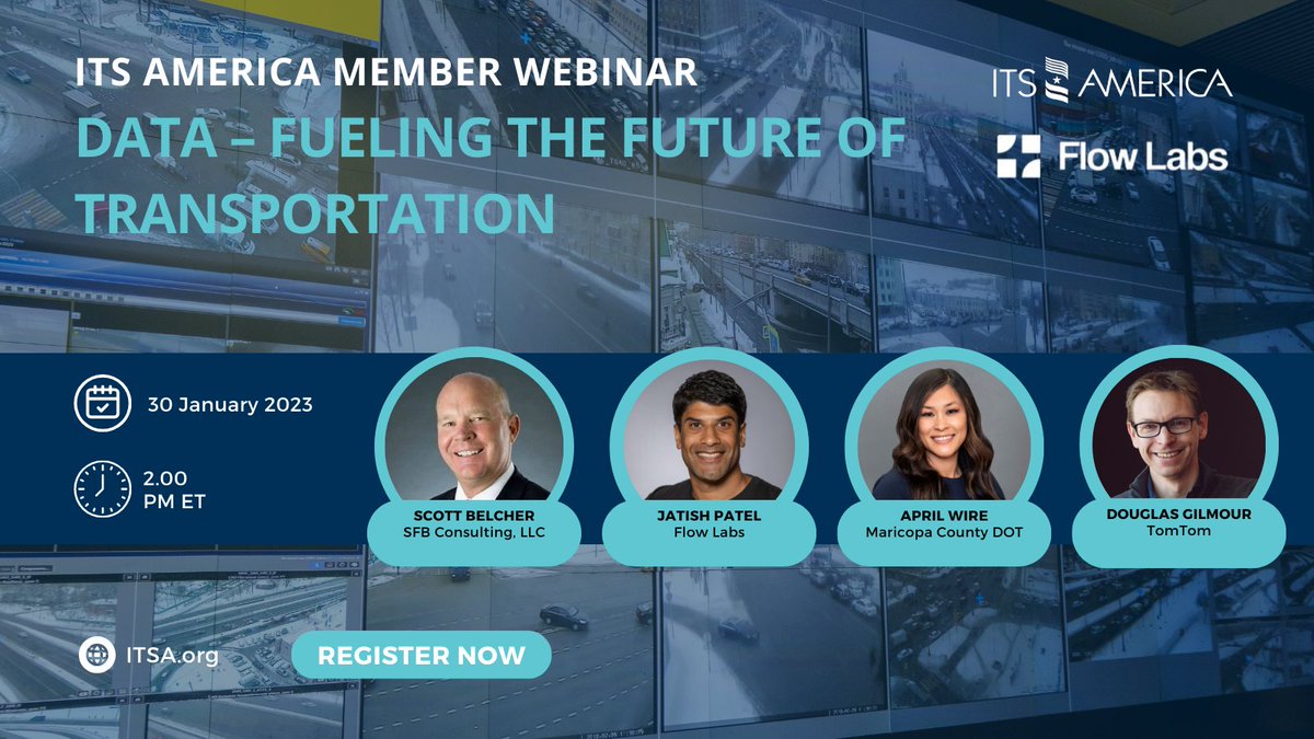 🌟Save the date - Join us Jan 30 for an @ITS_America webinar: Data – Fueling the Future of Transportation. Along w/ partners @TomTom and @MaricopaRoads, we’ll show you how to use #AI and #CV probe data to give agencies an unparalleled view of their roadway bit.ly/3SwlHtf