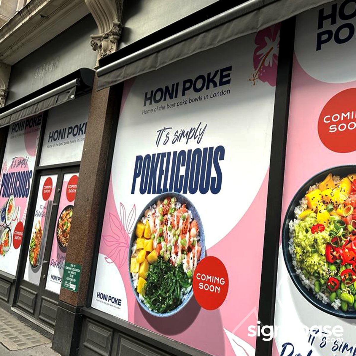 signsbase's tweet image. Take a peek at this recent job we completed for Honi Poke, installed at various locations across London, featuring supplied artwork printed on temporary vinyl.

#signage #windowvinyl #retailsignage