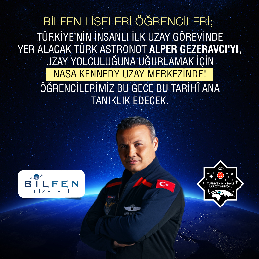 Bilfen Liseleri Öğrencileri; Türkiye'nin insanlı ilk uzay görevinde yer alacak Türk Astronot Alper Gezeravcı'yı uzay yolculuğuna uğurlamak için Nasa Kennedy Uzay Merkezi'nde!
Öğrencilerimiz bu gece tarihî ana tanıklık edecek. #bilfen