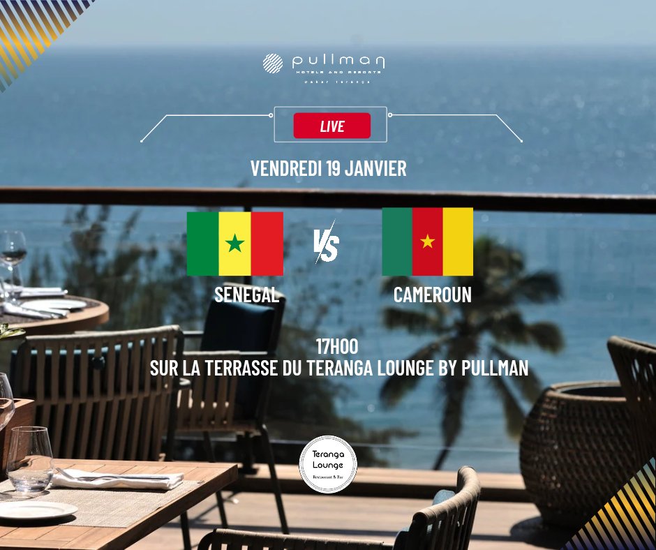 TIME FOR CAN 

Tous derrière les lions de la Teranga  ce vendredi 19.01 à 17h sur la terrasse du Teranga Lounge by Pullman pour le match contre le Cameroun 

Profitez de notre formule spéciale CAN: 1 sandwich*+ 1 soft ou 1 bière flag 33 cl

*servi avec frites ou alloco et salade