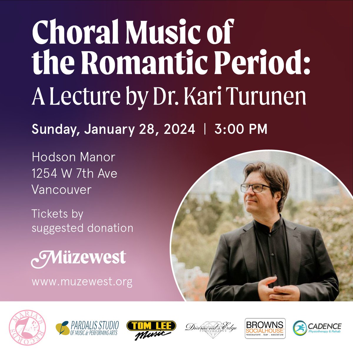 Müzewest Concerts Society (@muzewest) on Twitter photo We're delighted to announce that on Sun. Jan. 28, <a href="/karituru/">Kari Turunen</a> of <a href="/VanChamberChoir/">Vancouver Chamber Choir</a> will give a lecture about Romantic choral music. This is in partnership with <a href="/NataliaPardalis/">Natalia Pardalis</a> and <a href="/pardalismusic/">PardalisStudio</a> Entry is by donation and you can register here: eventbrite.ca/e/choral-music… We're delighted to announce that on Sun. Jan. 28, <a href="/karituru/">Kari Turunen</a> of <a href="/VanChamberChoir/">Vancouver Chamber Choir</a> will give a lecture about Romantic choral music. This is in partnership with <a href="/NataliaPardalis/">Natalia Pardalis</a> and <a href="/pardalismusic/">PardalisStudio</a> Entry is by donation and you can register here: eventbrite.ca/e/choral-music…