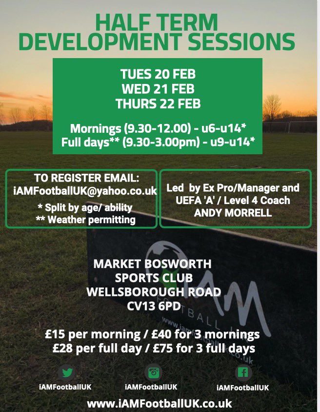 Dates for February Half Term Development Sessions released.
Email iamfootballuk@yahoo.co.uk to register.

iamfootballuk.co.uk