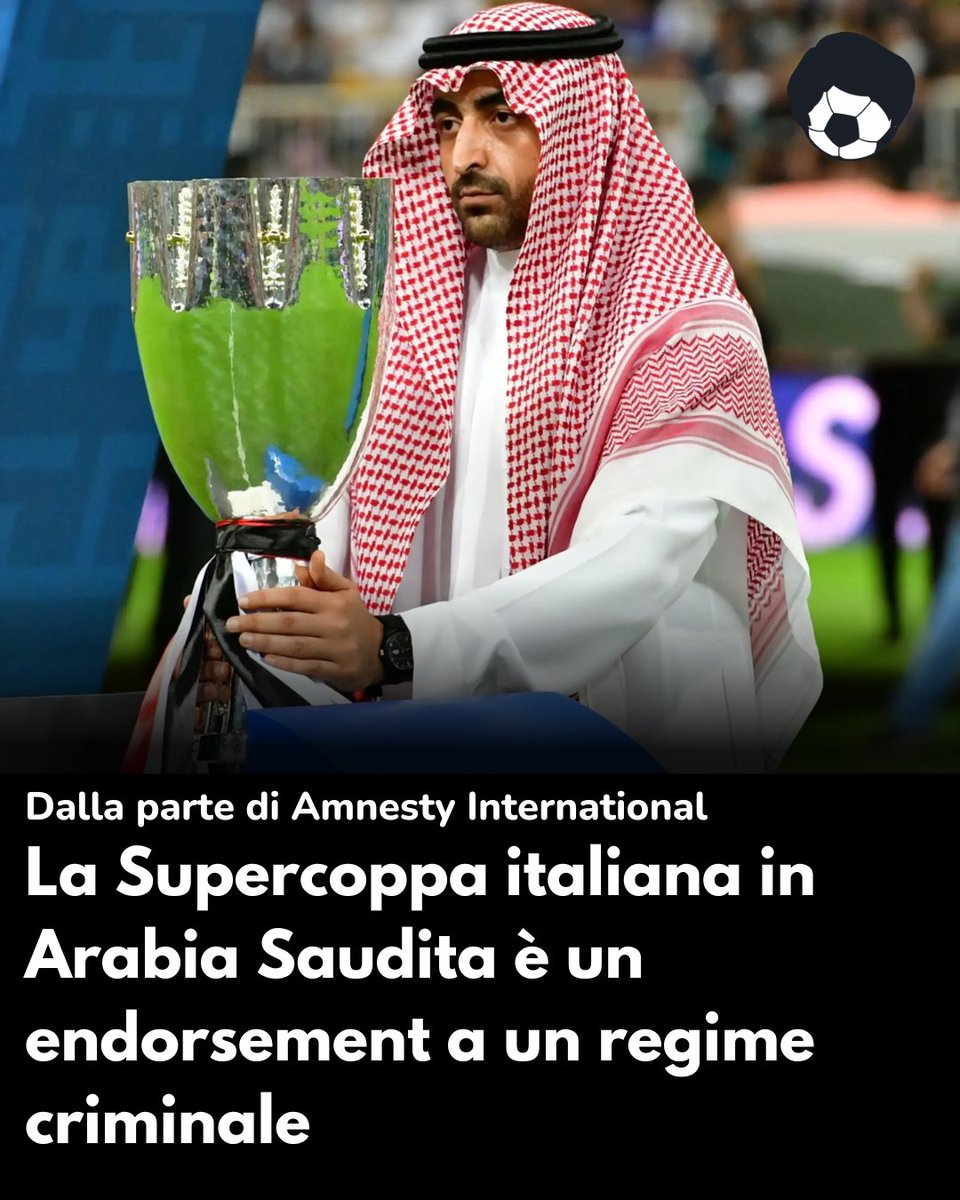Inizia stasera la #SupercoppaItaliana, che si disputerà in Arabia Saudita per la 4a volta negli ultimi 6 anni. Nel suo piccolo, Pallonate in Faccia supporta la campagna di sensibilizzazione di <a href="/amnestyitalia/">Amnesty Italia</a> e <a href="/S4Stwit/">sport4society</a> sulle violazioni dei diritti umani del regime di Riad.

👇