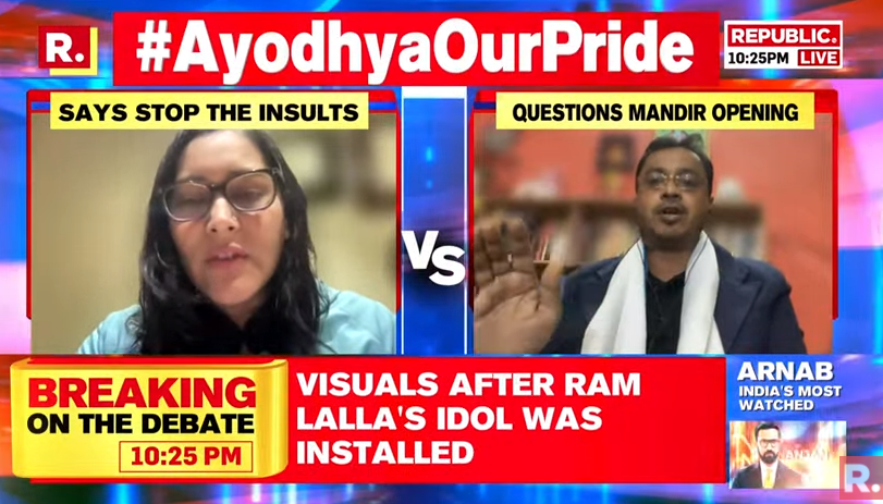 republic's tweet photo. #AyodhyaOurPride | If Mamata Banerjee is so concerned about the politics being hijacked by so called Modi's Ram, why don't you march from Bengal claiming Ram Lalla as your own? Because it doesn't suit your politics: Shubhrasta (@Shubhrastha), Political Analyst

Tune in for The Debate and fire in your views with the hashtag- https://t.co/mluw4a5D5D

#RamTemple #Ayodhya #RamTempleInauguration #PranPratishtha #INDIAlliance #Congress