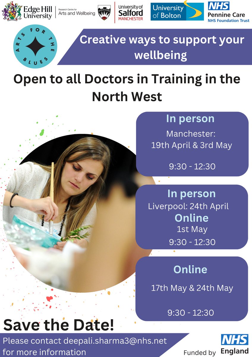 Calling out to doctors in training in all specialities or place of work in North west who would like to access creative approaches #wellbeing support #save_the_date get in touch @NHSHEE_NWest @t_hewson @SaiPillarisetti @antongyan @drshah73 @PennineCareNHS #artsForTheBlues