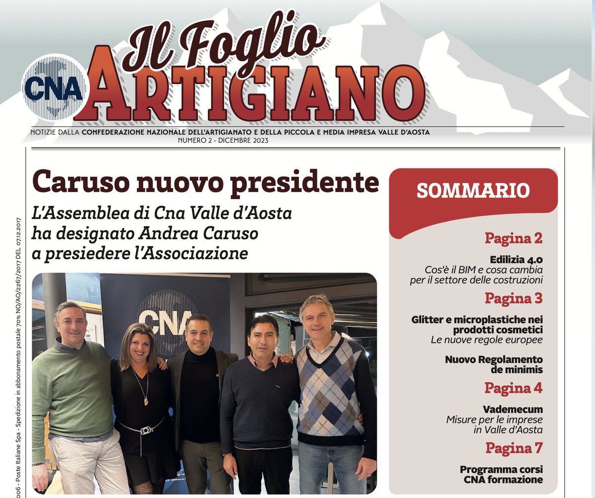 cnaVdA's tweet photo. 📣 È uscito il Foglio artigiano! 📰 Scopri:
🤝 Il nostro presidente
🏢 Il BIM nelle costruzioni
✨ Glitter e microplastiche nei cosmetici 🌍
💼 Il regolamento de minimis
💳 Misure di finanziamento per le pmi
🎓 Corsi  fino al 3 maggio!
Scarica il pdf  👇🏻
https://t.co/SyrcdnkPTA https://t.co/UQMiFtFqPZ