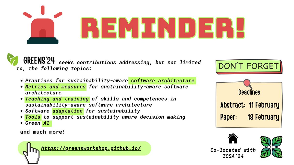 Time Flies! ⏳ But, you still have one month to prepare your submission to #greens24. We look forward to your unique contribution! ⚡

📝 Abstract: Feb. 11
🗓️ Paper: Feb. 18
🔗 greensworkshop.github.io
 
Join our community and help us shape the future of sustainable software! 🍃