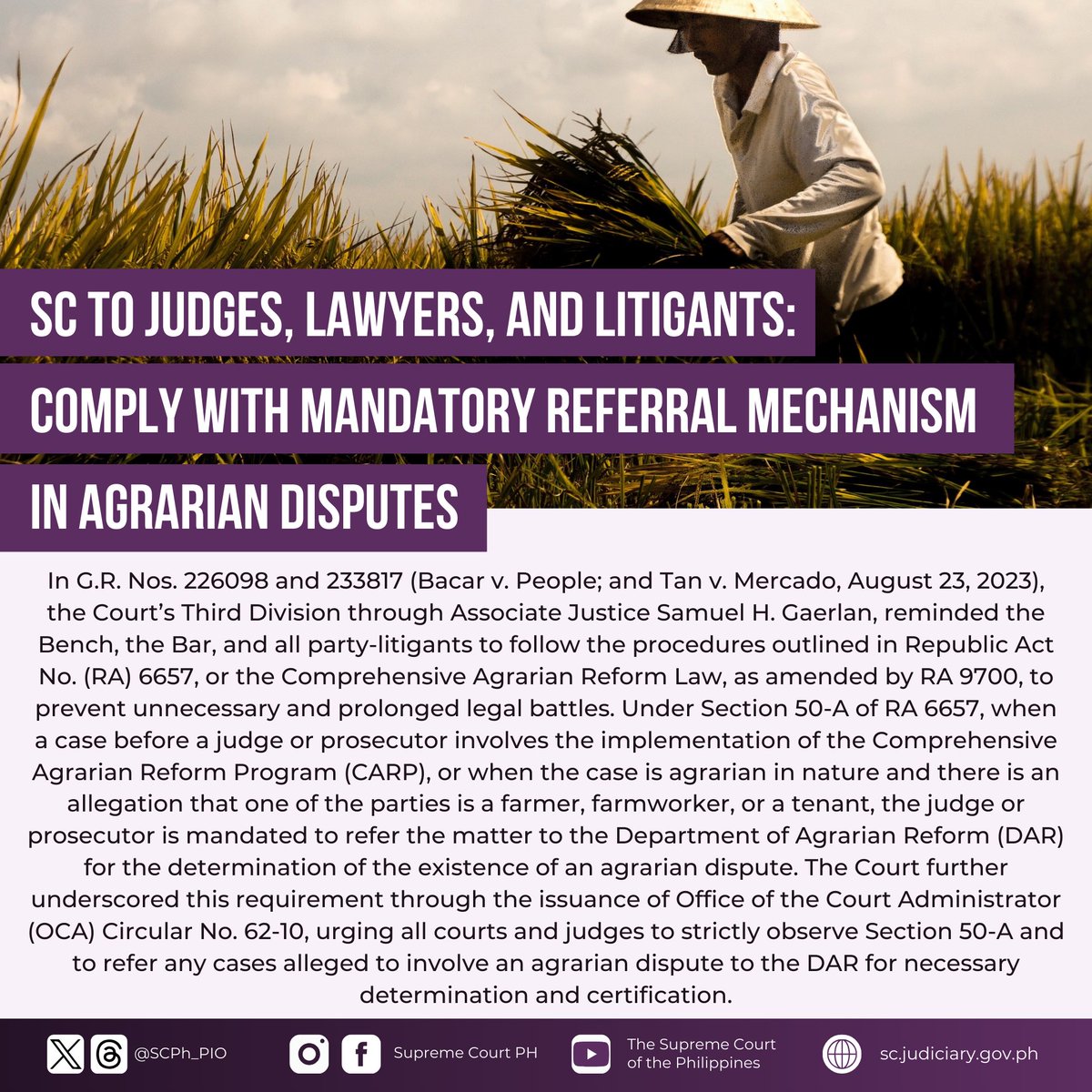 The Supreme Court has issued a reminder to the Bench, the Bar, and all party-litigants to comply with the procedure laid out in the Comprehensive Agrarian Reform Law and its implementing rules to avoid unnecessary and prolonged litigation.

READ: sc.judiciary.gov.ph/sc-to-judges-l….