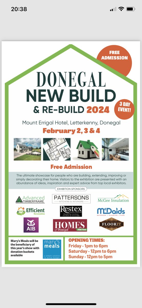 ehprenewables's tweet photo. Are you building, planning or decorating your home? This exhibition will give you plenty of ideas and inspiration for your project. Free admission too! 👇
#donegalselfbuild #newhouse #donegalhome #selfbuildireland #donegalexhibition #homeimprovement #homerenovation https://t.co/x3Cq4WqW7J