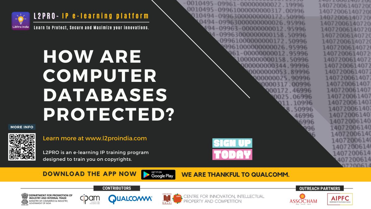 l2pro_india's tweet photo. Did you know that #ComputerDatabases are protected under the #CopyrightAct as original literary works?
The Source Code and Object Code of computer software are protected under a separate category of #ComputerSoftware.
#l2pro #intellectualpropertylaw #patentlaw #patentact https://t.co/Wtf6jfQBpf