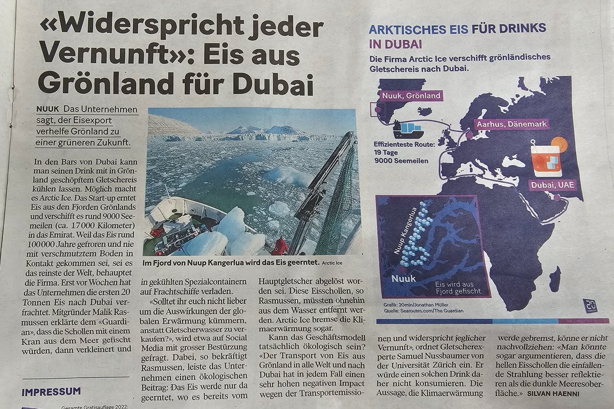 CRAZY! Dubai sends a boat (=transport emissions) to get Greenlandic glacier ice for serving drinks in Dubai's bars... Justification: they support Greenlandic local economy and the world against climate change by taking the ice out of the sea... @samnussbaumer