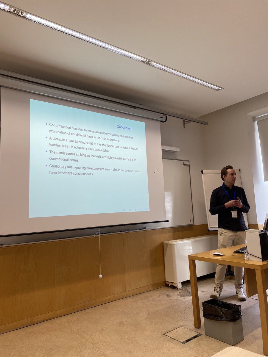 K_Maragkou's tweet photo. Super interesting talk by Thomas Van Huizen on contamination bias due to measurement error in test scores as a proxy for student ability, explaining most of the conditional gaps in teacher assessment.  Very relevant for my fellowship work on teacher-predictions. @lese_conference https://t.co/2fYiJXeE4R