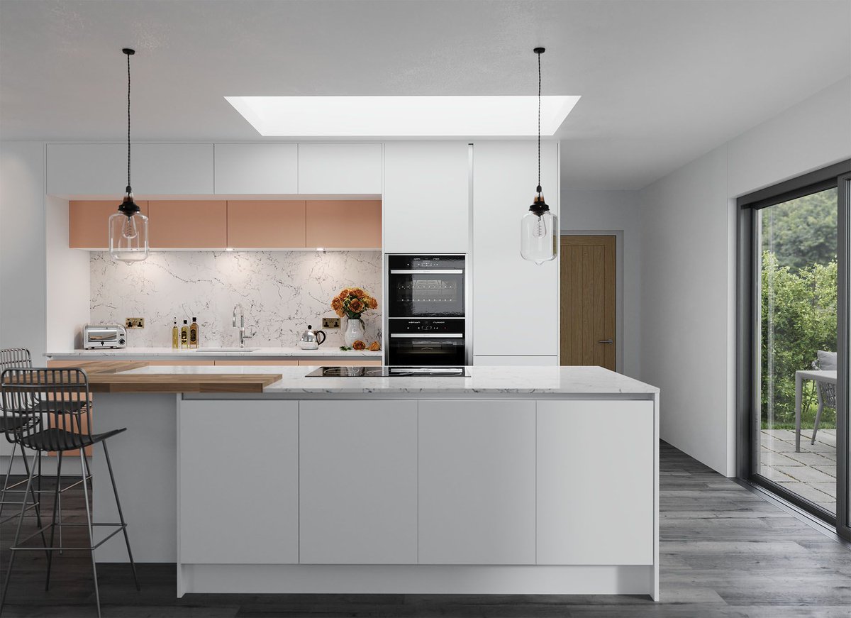 Lovely minimalist white kitchen with a row of Peach Fuzz cabinets all rendered beautifully in HD 3D. Whatever dual tones your client chooses, we can bring to life with our photo-realistic 3d renderings, great rates & good turnaround. #3drenderingdesignservice