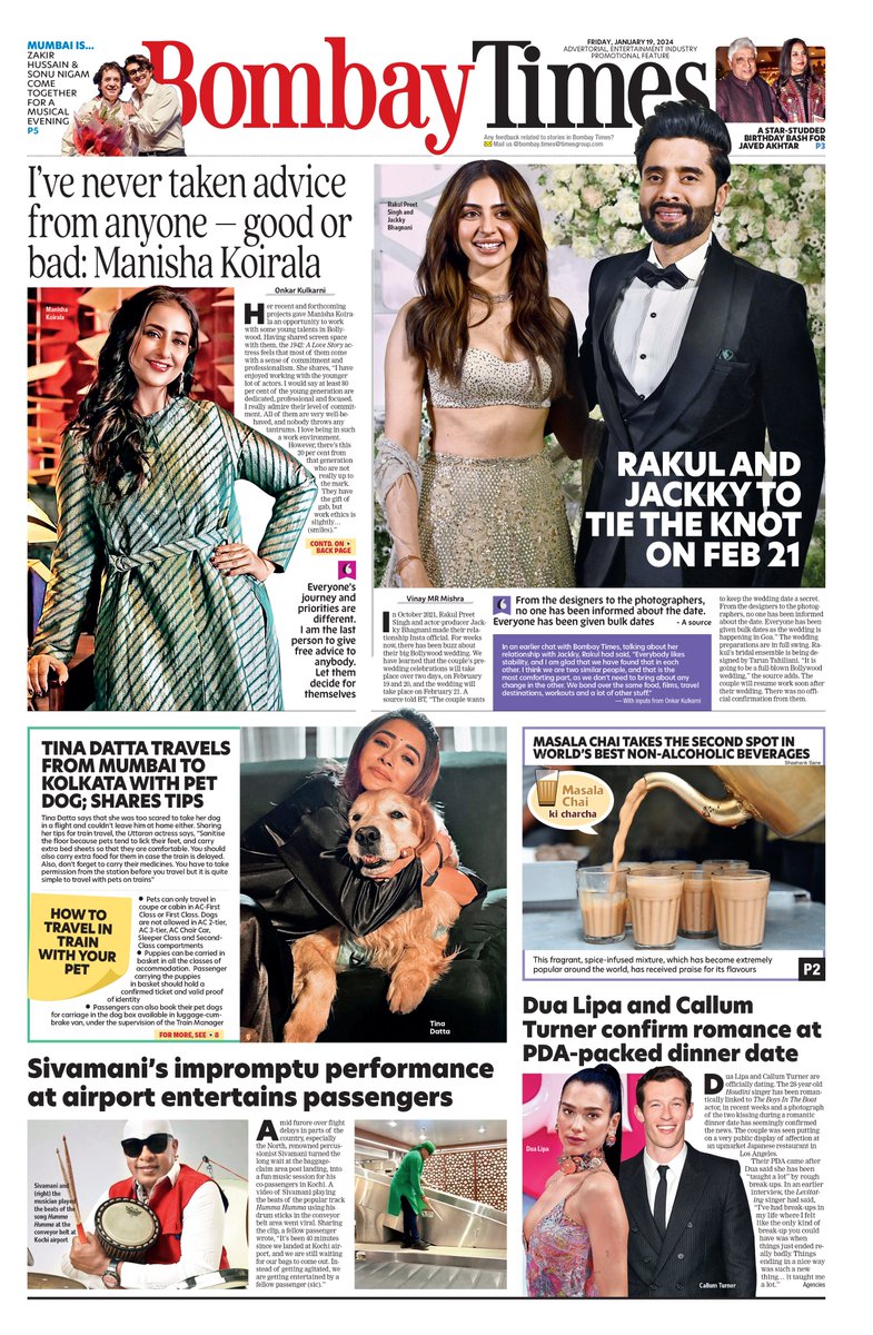 Here's a look at #BombayTimes' front page Click below to read the edition bit.ly/3r0dVfE @Rakulpreet @jackkybhagnani @mkoirala @iamTinaDatta @drumssivamani @DUALIPA #RakulPreet #jackkybhagnani #ManishaKoirala #BombayTimes