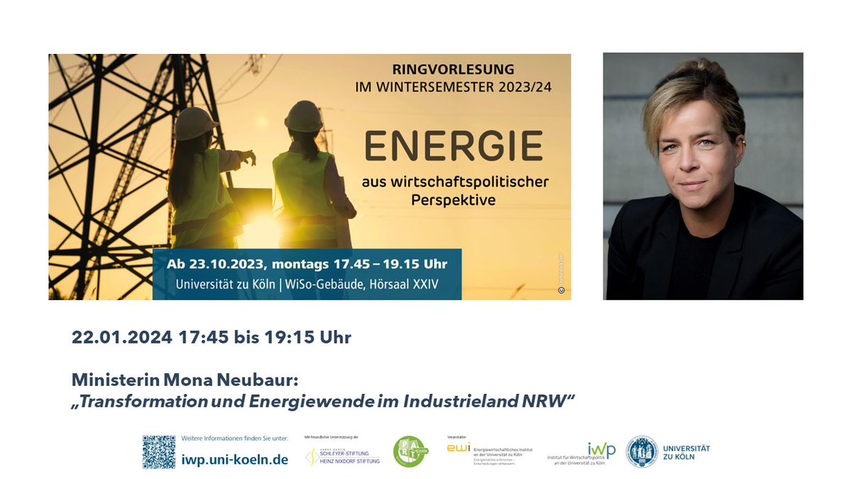 📢Am kommenden Montag den 22.01.2024 freuen wir uns auf den Vortrag von @MonaNeubaur, Ministerin für Wirtschaft, Industrie, Klimaschutz & Energie @WirtschaftNRW, zum Thema 'Transformation und Energiewende im Industrieland NRW'. @ewi_koeln @WiSoUniCologne
