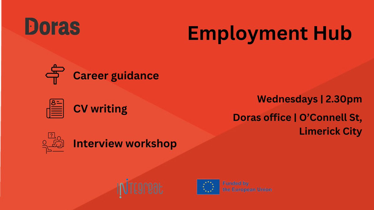 DorasIRL's tweet photo. Are you a migrant or refugee looking for employment opportunities or career advice?
Every Wednesday, Doras hosts an Employment Hub in our office.
Join us for some tea and coffee, it’s free and child friendly.
Details below ⬇️
#INTEgreat #employmenthub #jobsireland #cvworkshop https://t.co/2TdJisokky