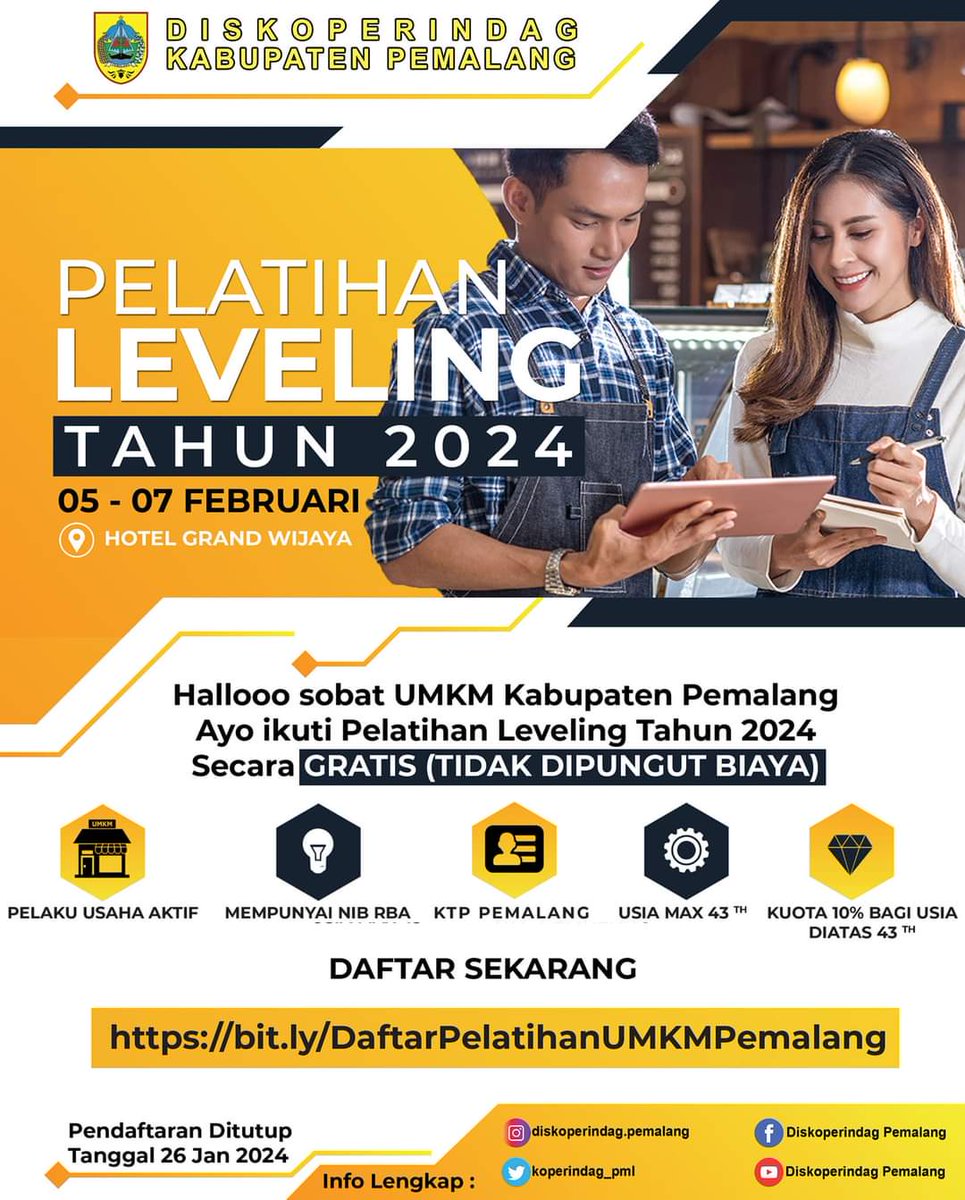 Hallloooo sobat UMKM....

Ayo awali tahun 2024 dengan sesuatu hal yang lebih baik, salah satunya dengan mengikuti PELATIHAN LEVELING TAHUN 2024 secara GRATIS (TIDAK DIPUNGUT BIAYA) 🥳

Daftar Sekarang
bit.ly/DaftarPelatiha…