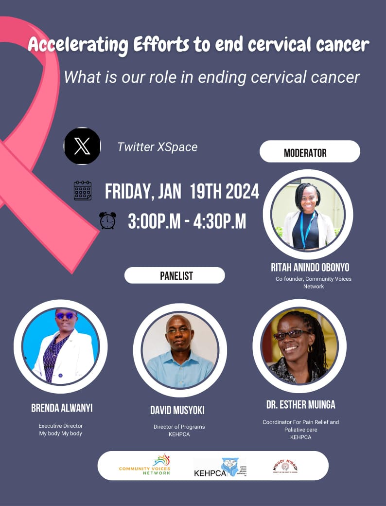 Did you know that cervical cancer is the fourth most common cancer in women world wide. We are thrilled to host an X space conversion sharing insights on ways to accelerate the fight to end cervical cancer.
Join us!
@KEHPCA 
@Mybody_Ke 
@AYARHEP_KENYA 
 #EndCervicalCancer