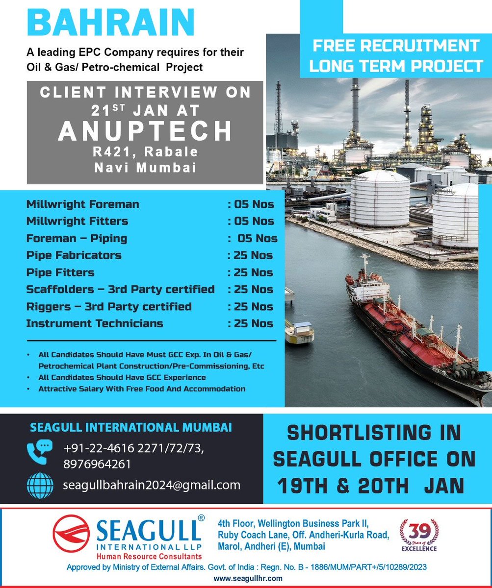 hrd1_seagull's tweet photo. 🇧🇭Bahrain Jobs 
‼️Long Term Project - Free Recruitment
🗓️Shortlisting On 19th &amp; 20th Jan At Seagull Office
📍Client Interview On 21st Jan At Anuptech
📍Location - Mumbai
.

.

.
#bahrainjobs #seagull #millwrightforeman #millwrightfitter #foreman #pipefabricator https://t.co/sJ0PQQrC5z