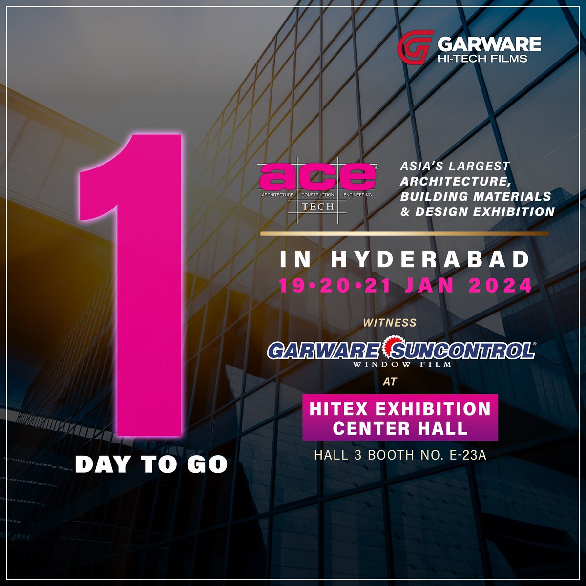 Just one day to go for the start of ACE Tech 2024 and we can't wait to see you at our Booth No E-23A. . . . . . #Garwaresuncontrolfilms #Windowfilm #PressureWashing #ACEtech #Hydrabad #Architecture #BuildingMaterial #DeaignExhibition #hitexexhibitoncenter