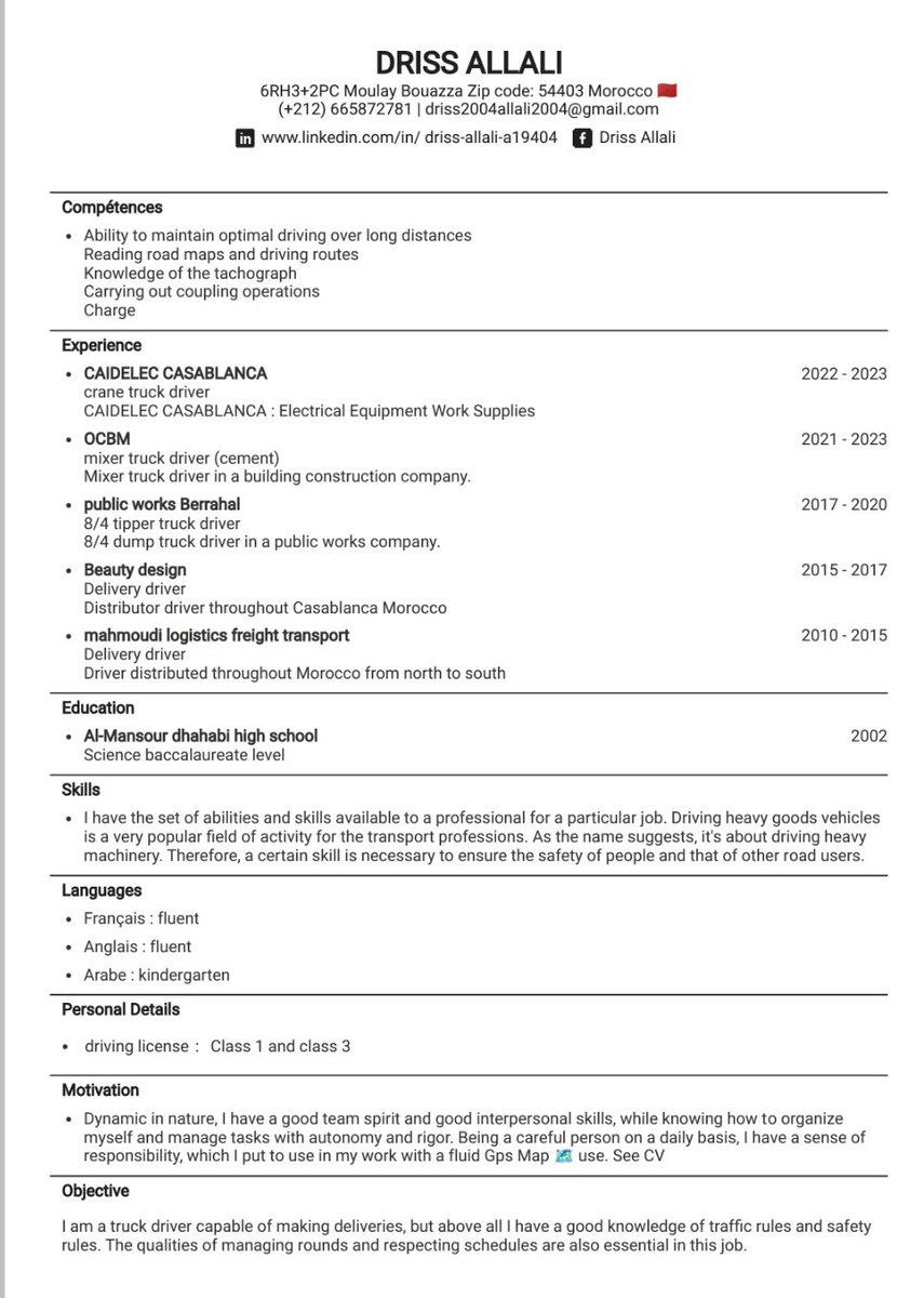 Hello, I am looking for a work contract for immigration. I am a truck driver from Morocco. Thank you.