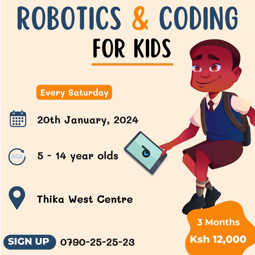 It's never too early to introduce your kids to the world of programming. Sign them up for the ROBOTICS & CODING for Kids Classes 
 Age; 5-14 years
 Location: Thika West Centre
 Duration: 3 months 
Amount: Ksh 12,000 Call/WhatsApp: 0790 252523 #codingforkids #digifunzi