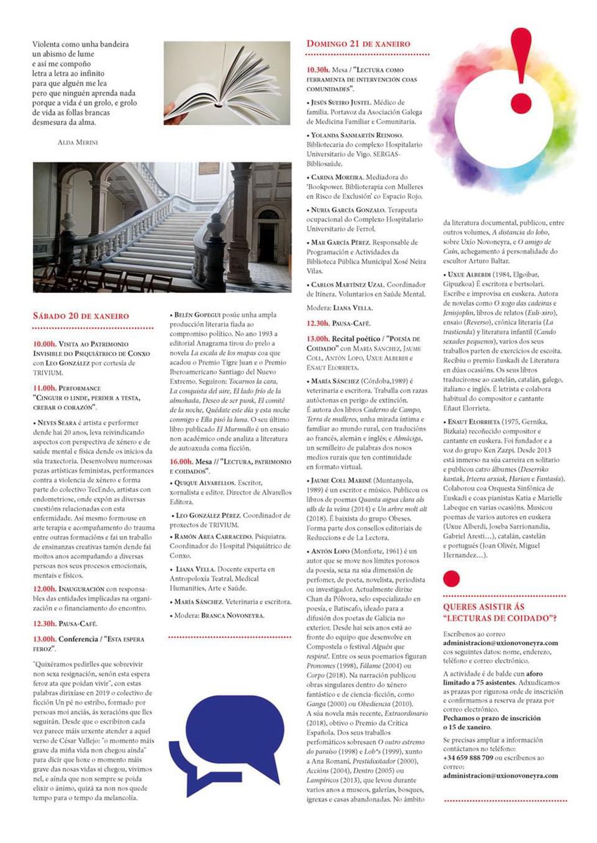 20 - 21 xaneiro
🗣️📚Lecturas de Coidado. I Encontro da lectura como ferramenta
transformadora coas
comunidades. 
É unha iniciativa da Fundación Uxío <a href="/Novoneyra/">Fundación Uxío Novoneyra</a>  

🫂📚Ler en grupo é beneficioso para a saúde mental e para contruír sociedades mellores.

 👉diariocultural.gal/radio-galega/l…