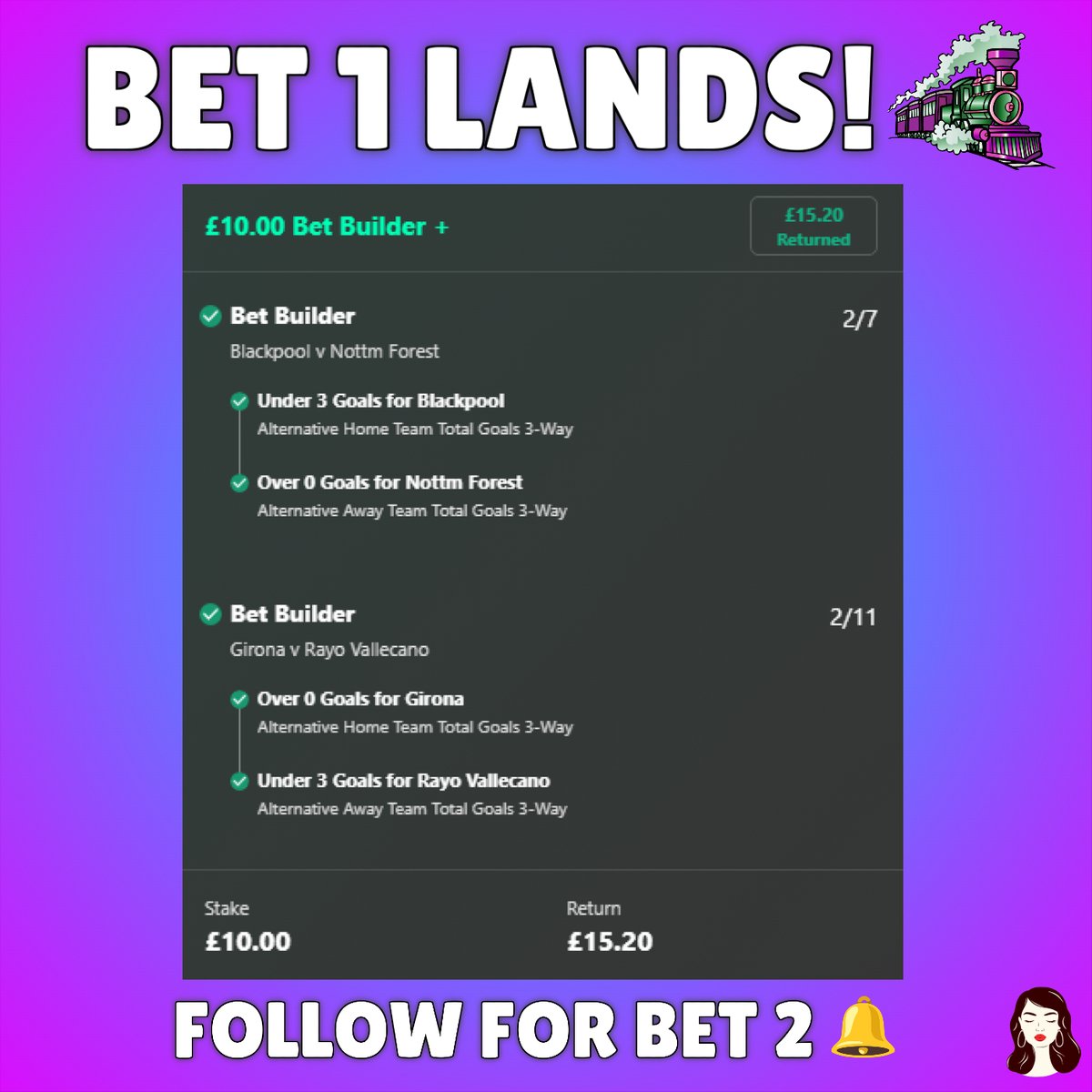 BOOM! 🚂✅

BET 1 OF MY £10 TO £500 TRAIN LANDS! 😍
 
Everybody ❤️ and retweet this tweet if you want me to post bet 2 today!👀

Drop me a follow and turn my notifications on so you don't miss it 🔔

Emily x