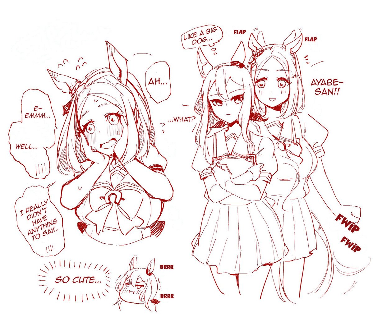 simonrojas937's tweet photo. Some drawings to celebrate Top Road's being implemented in the game. Top Road with a Tank Top xD. Ayabe is a lot friendlier here than in the anime too. Me want to dive into Fuwa Fuwa Top Roads chest too.
By @K_nisumi
#UmaTranslations
#ウマ娘 https://t.co/wNw0P5yUyv