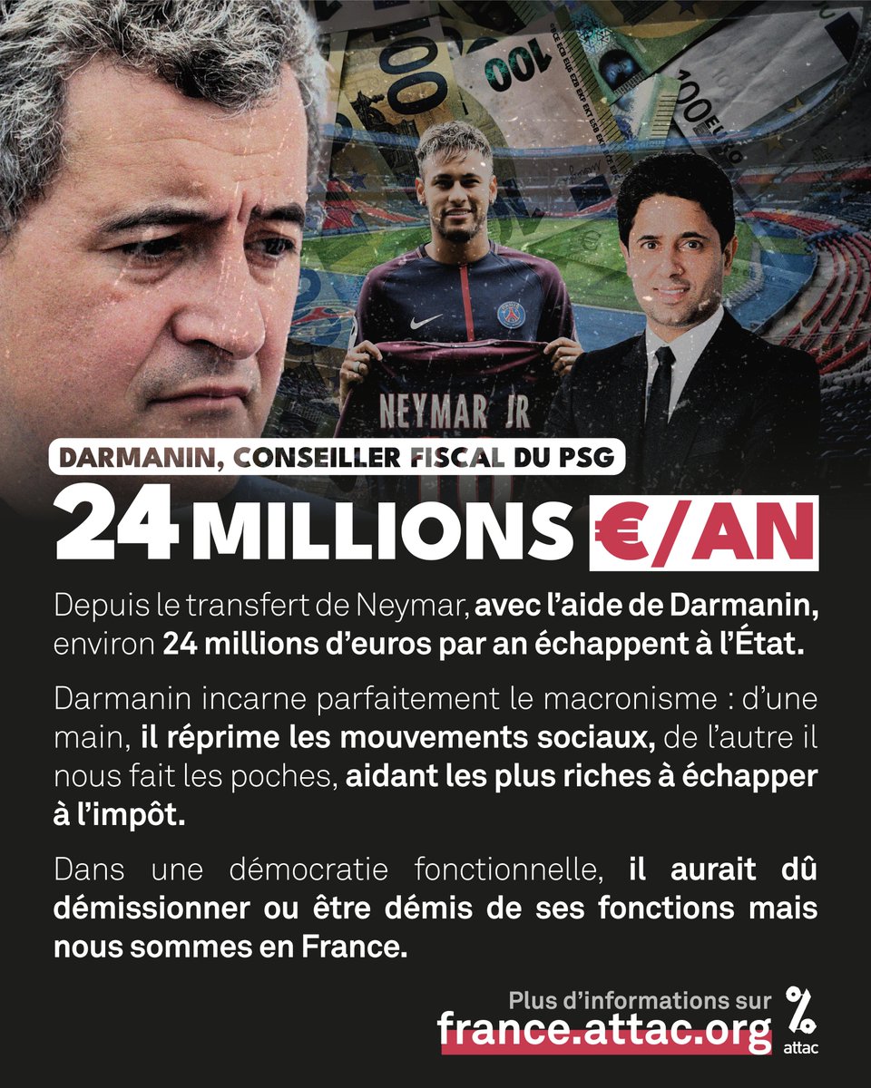 attac_fr's tweet photo. Darmanin incarne parfaitement le macronisme : d’une main, il réprime les mouvements sociaux, de l’autre il aide les plus riches à échapper à l’impôt.

Dans une démocratie fonctionnelle, il aurait dû  démissionner mais nous sommes en France. 

Révélations par @Mediapart https://t.co/SY51NdSrmp